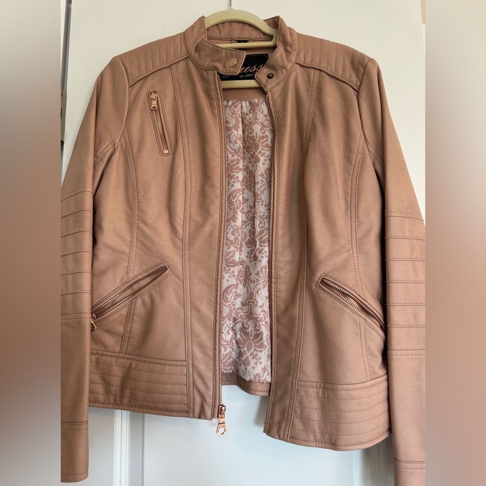 GUESS Leather Moto Jacket Blush Pink Y2k Biker Bomber Rose Gold - Picture 2 of 12